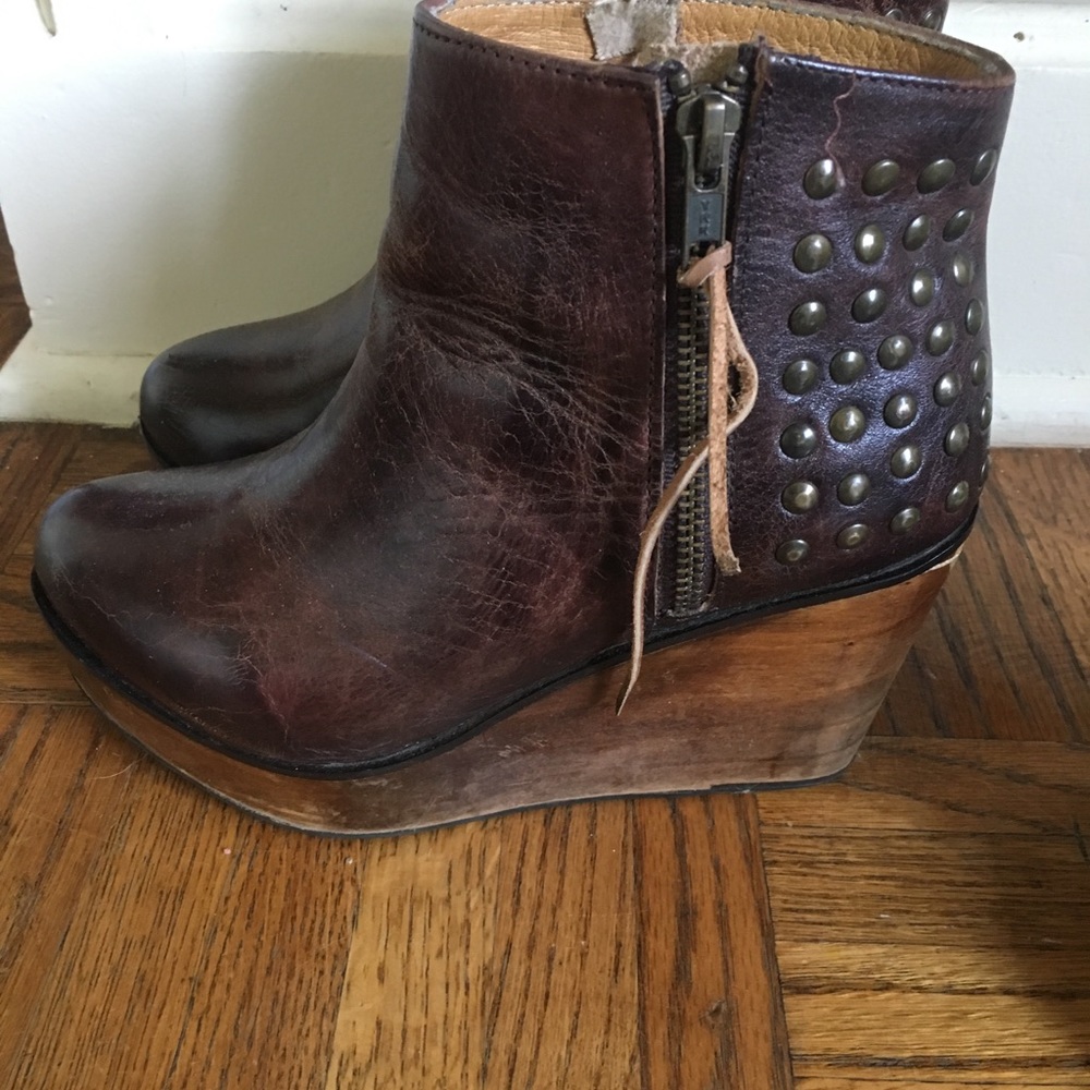 Bed Stu coffee colored studded wedges